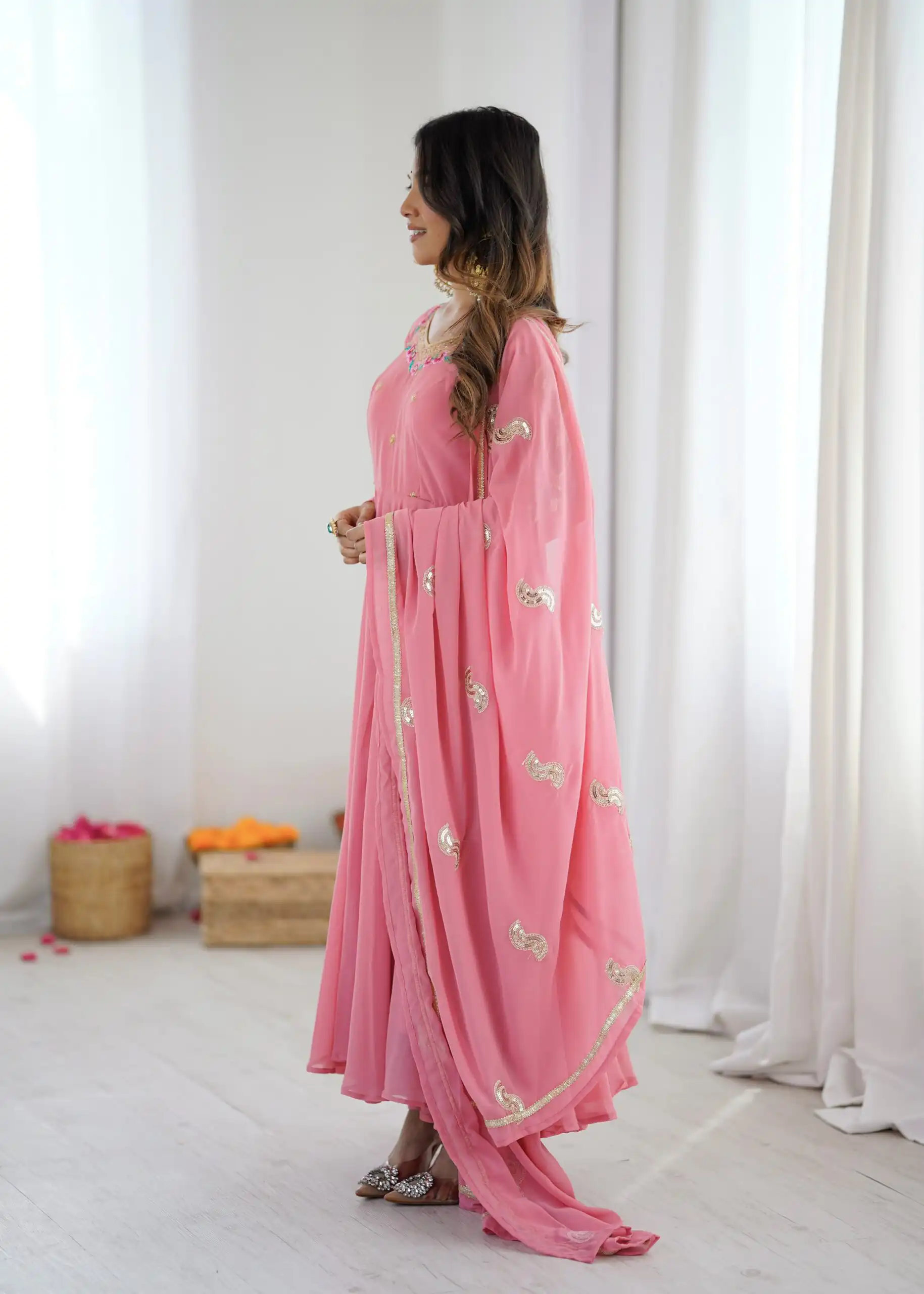 Shiny Dusty Pink Faux Georgette Sequins Work Gown - Image 9