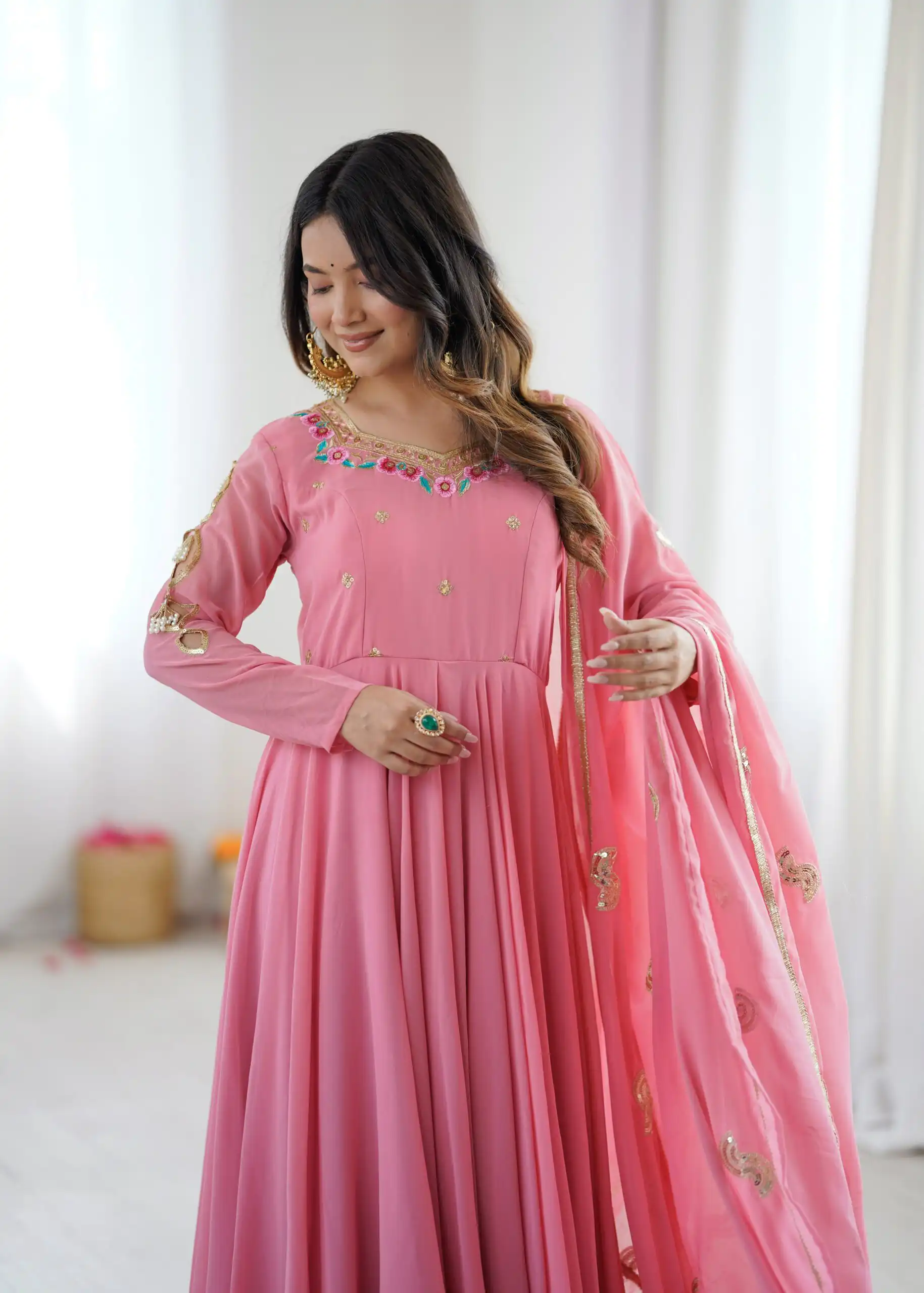 Shiny Dusty Pink Faux Georgette Sequins Work Gown - Image 7