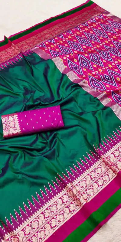Alternative view of Shiny Green Soft Crafted Print Moti Zari Work Saree