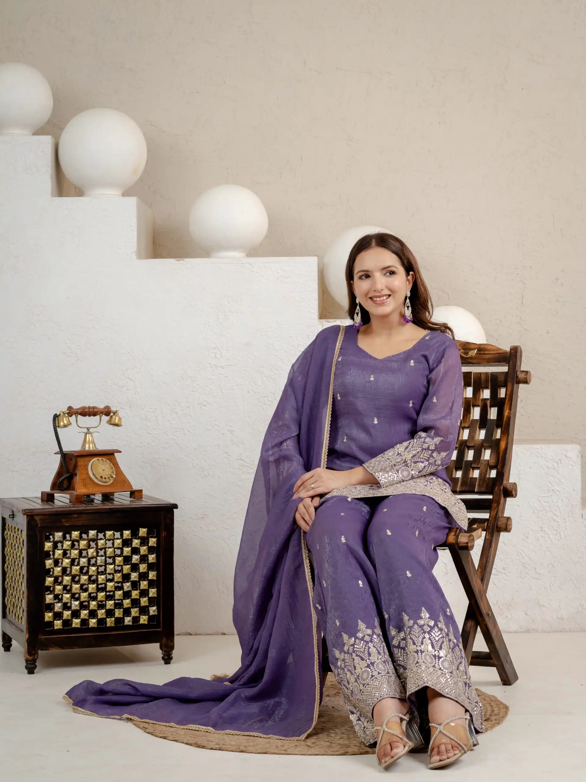 Shiny Lavender Crunchy Silk Embroider Salwar Suit - Image 8