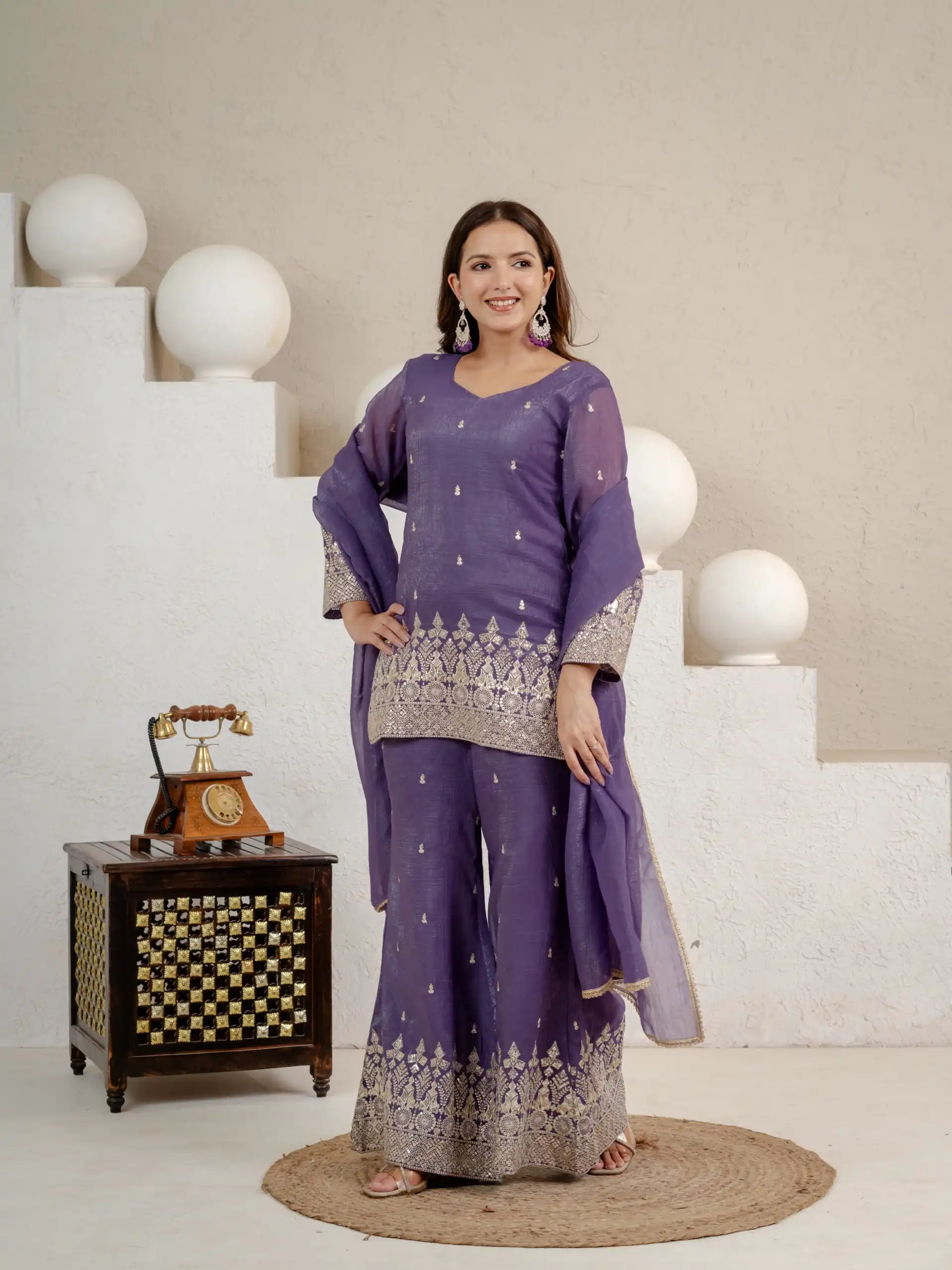 Shiny Lavender Crunchy Silk Embroider Salwar Suit - Image 3