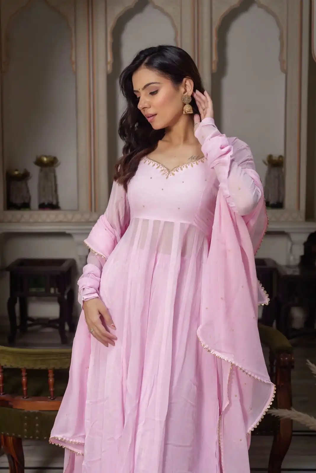 Shiny Light Pink Faux Georgette Hand Work Anarkali Suit - Image 4