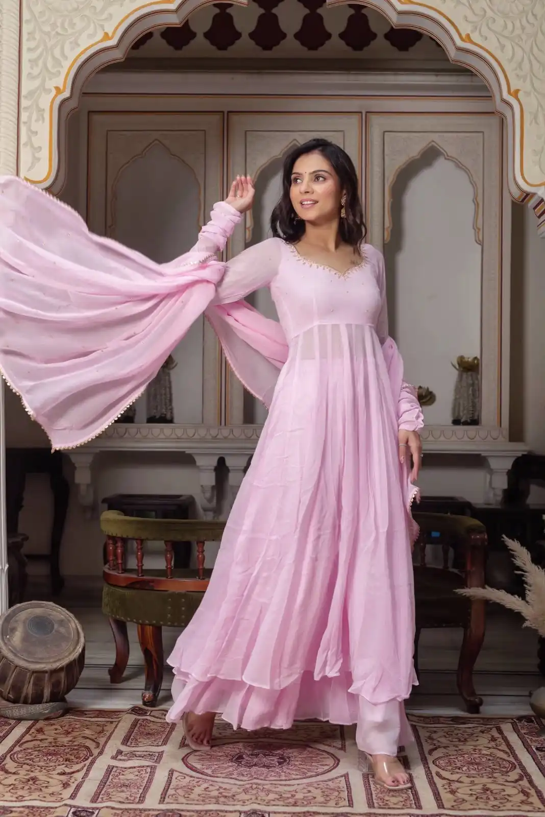 Shiny Light Pink Faux Georgette Hand Work Anarkali Suit - Image 3