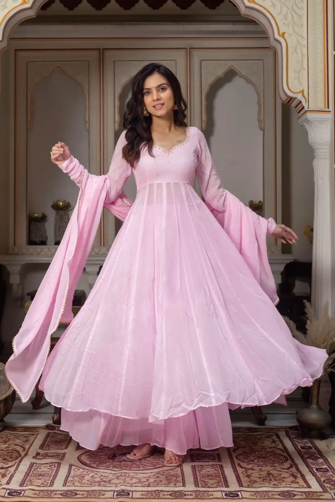 Shiny Light Pink Faux Georgette Hand Work Anarkali Suit