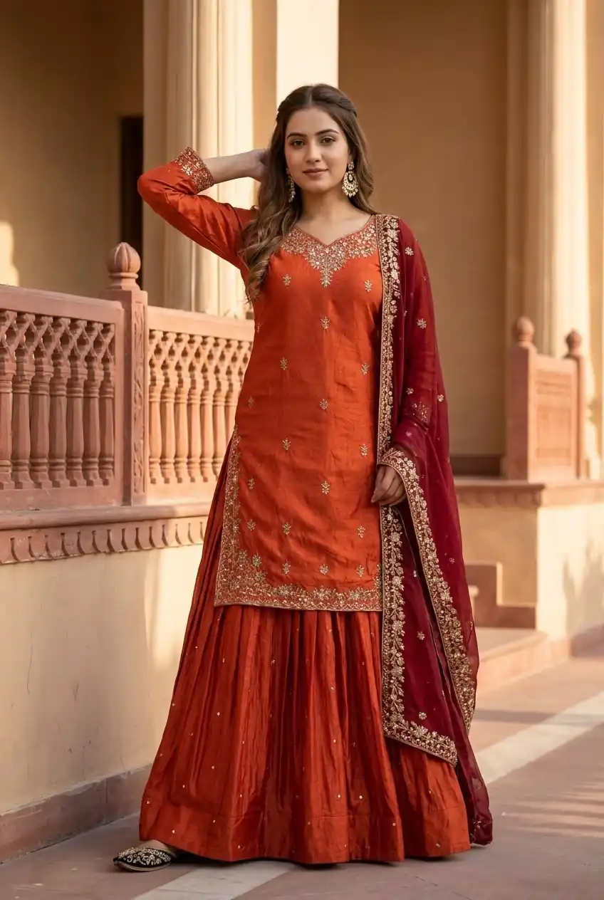 Shiny Orange Fandy Silk Embroidery Work Lehenga Choli - Image 4