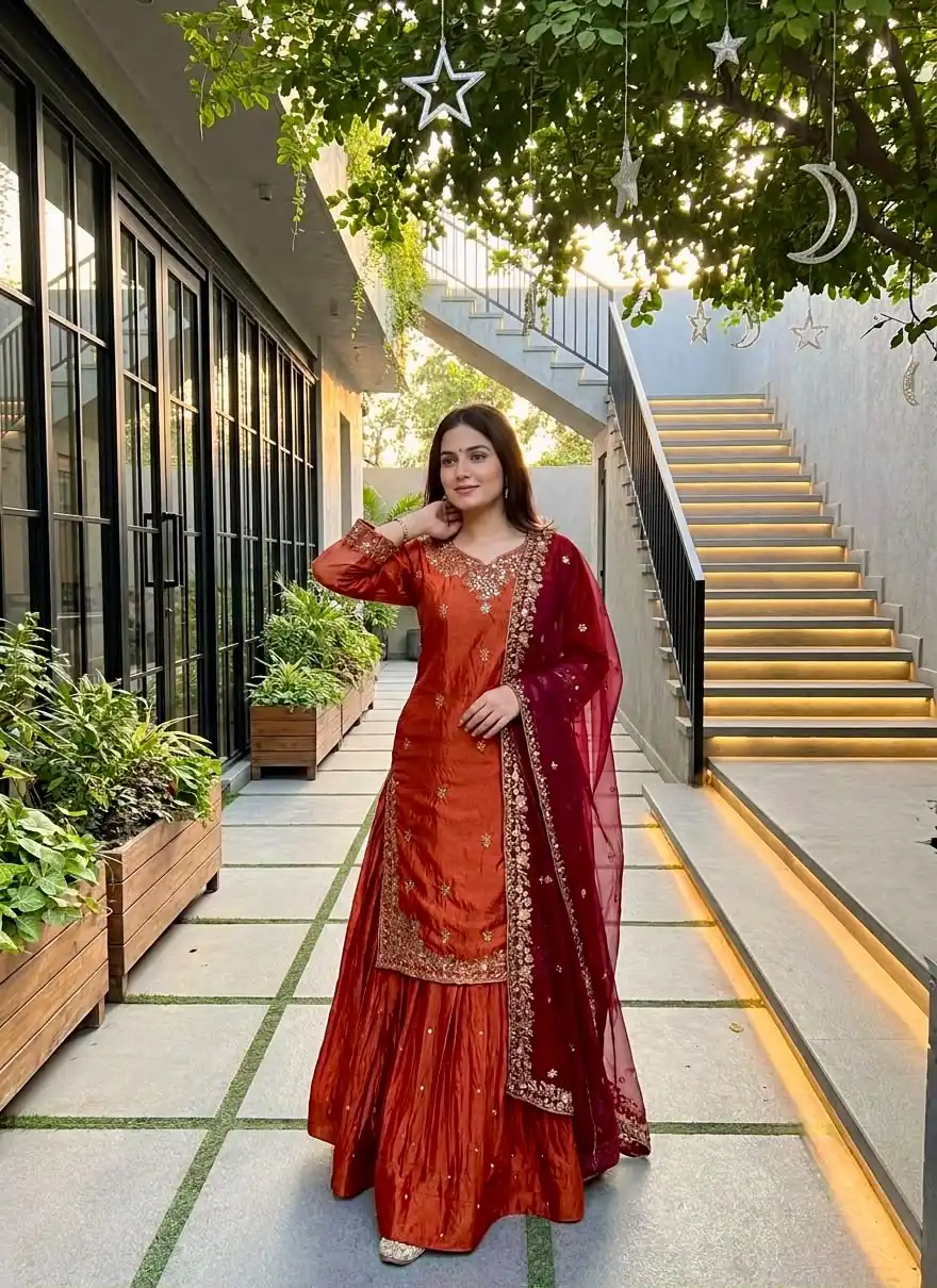 Shiny Orange Fandy Silk Embroidery Work Lehenga Choli - Image 3