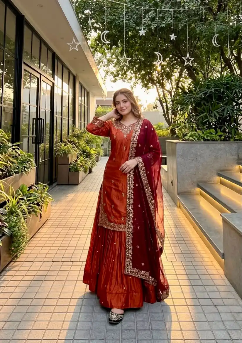 Shiny Orange Fandy Silk Embroidery Work Lehenga Choli - Image 2