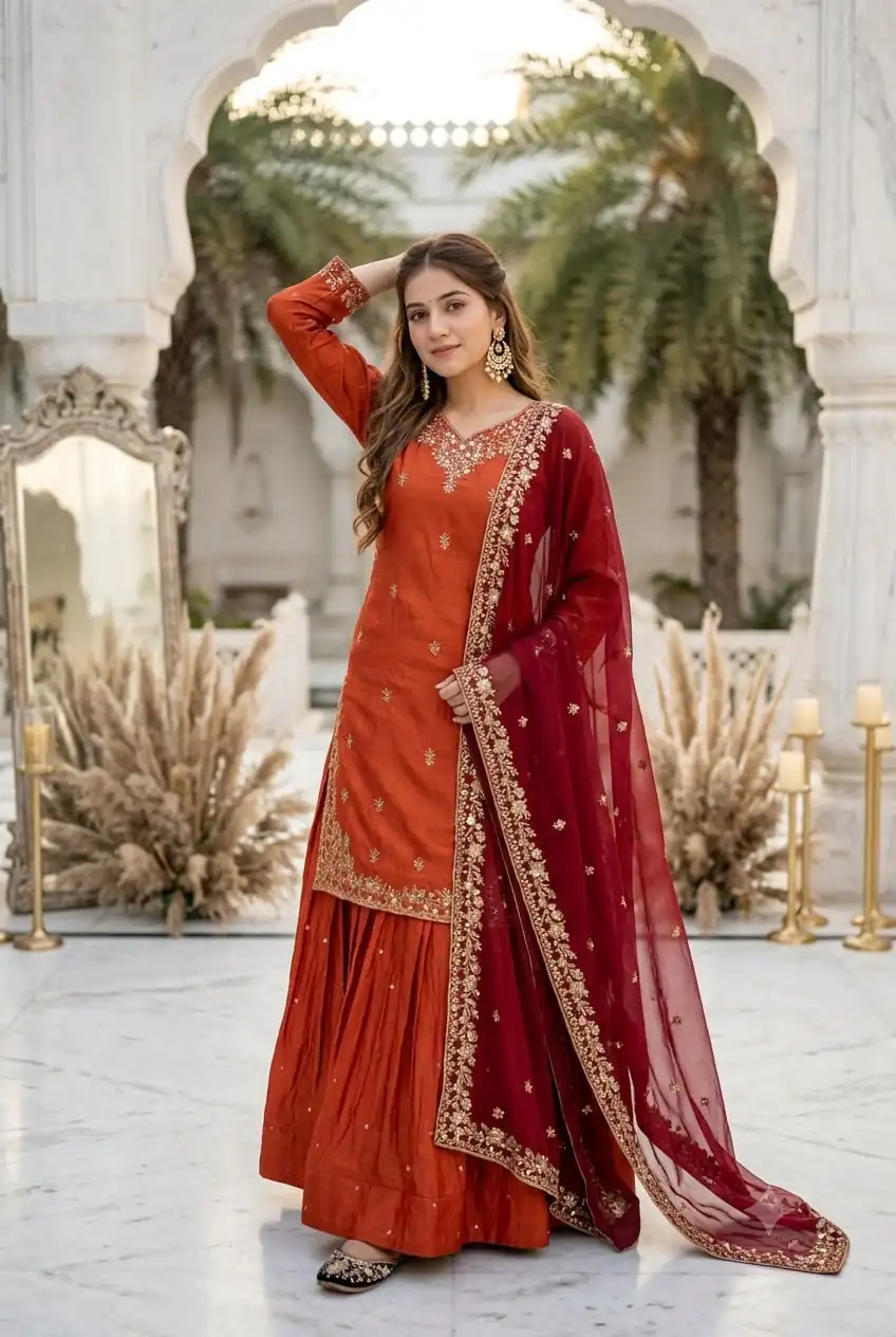 Shiny Orange Fandy Silk Embroidery Work Lehenga Choli