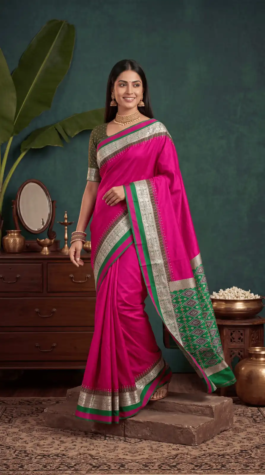 Shiny Pink Soft Crafted Print Moti Zari Work Saree