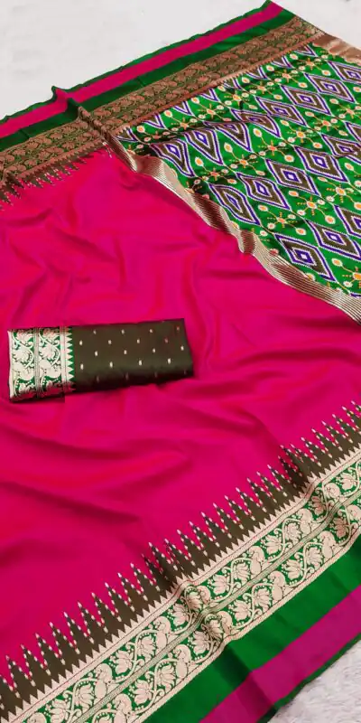 Alternative view of Shiny Pink Soft Crafted Print Moti Zari Work Saree
