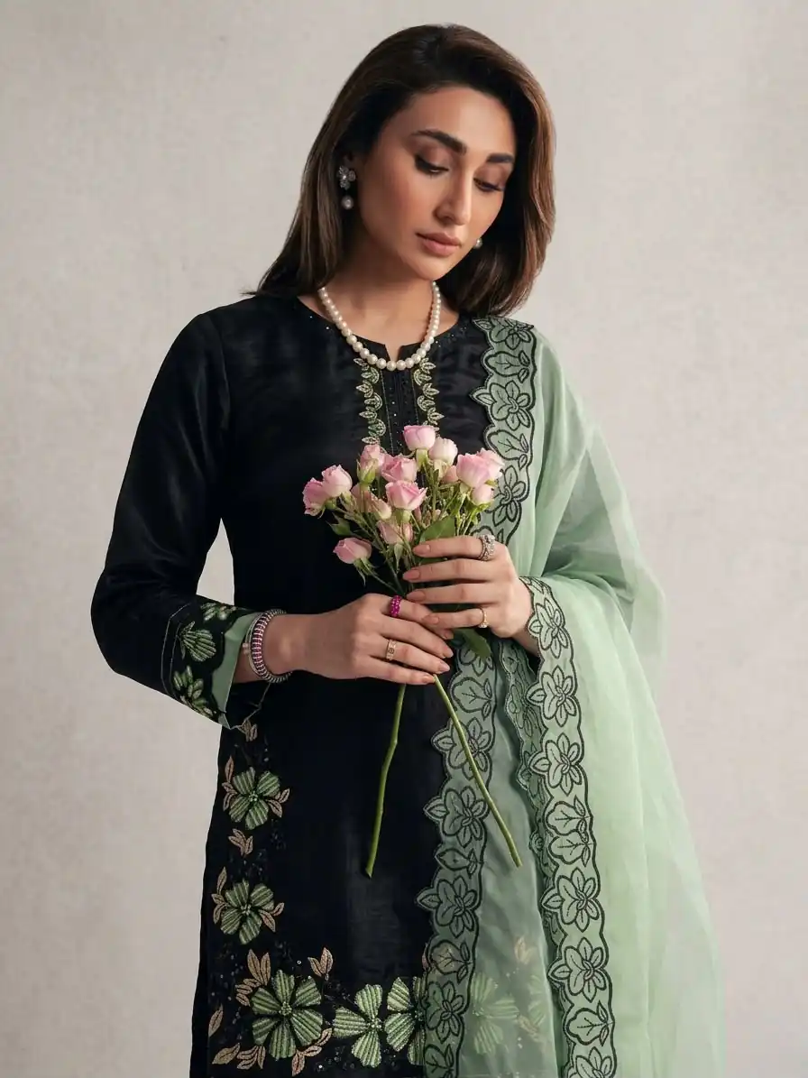 Shiny Pista Roman Glass Embroidery Work Salwar Suit - Image 5