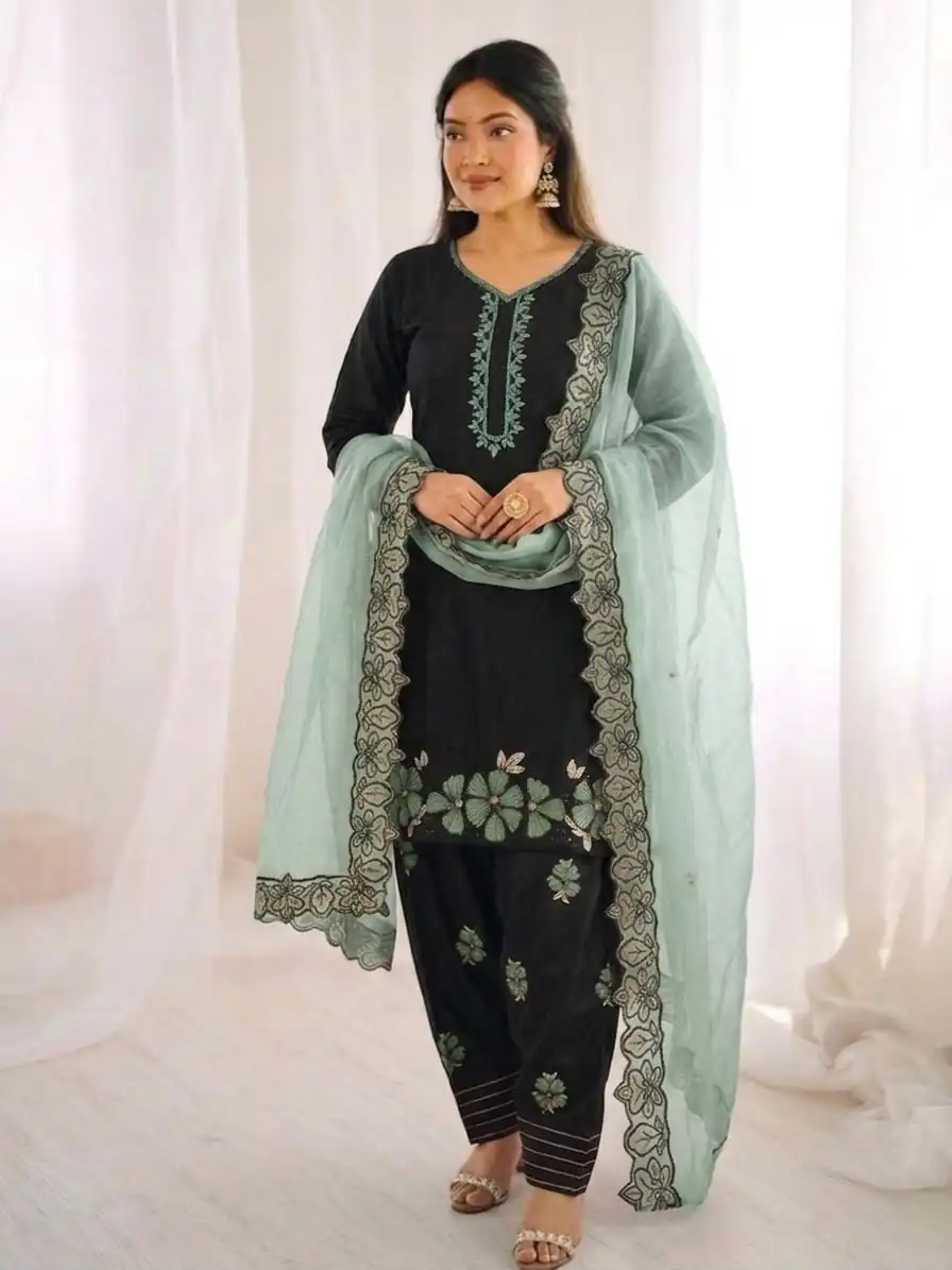 Shiny Pista Roman Glass Embroidery Work Salwar Suit - Image 2