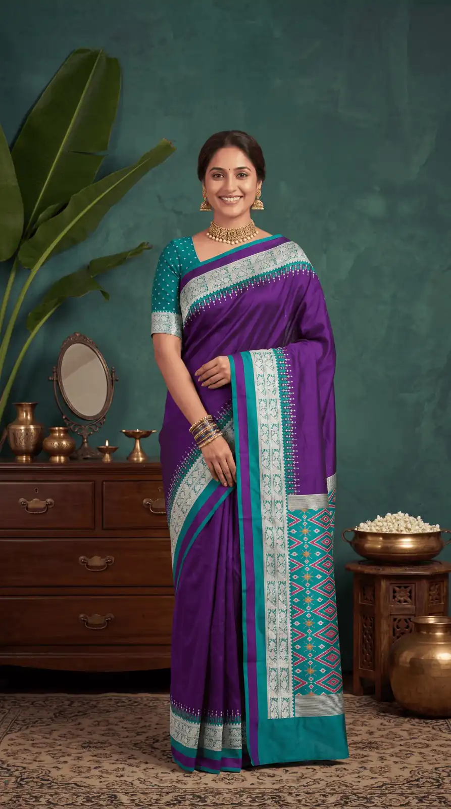 Shiny Purple Soft Crafted Print Moti Zari Work Saree