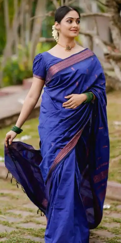 Alternative view of Shiny Royal Blue Soft Lichi Silk Lace Border Work Saree