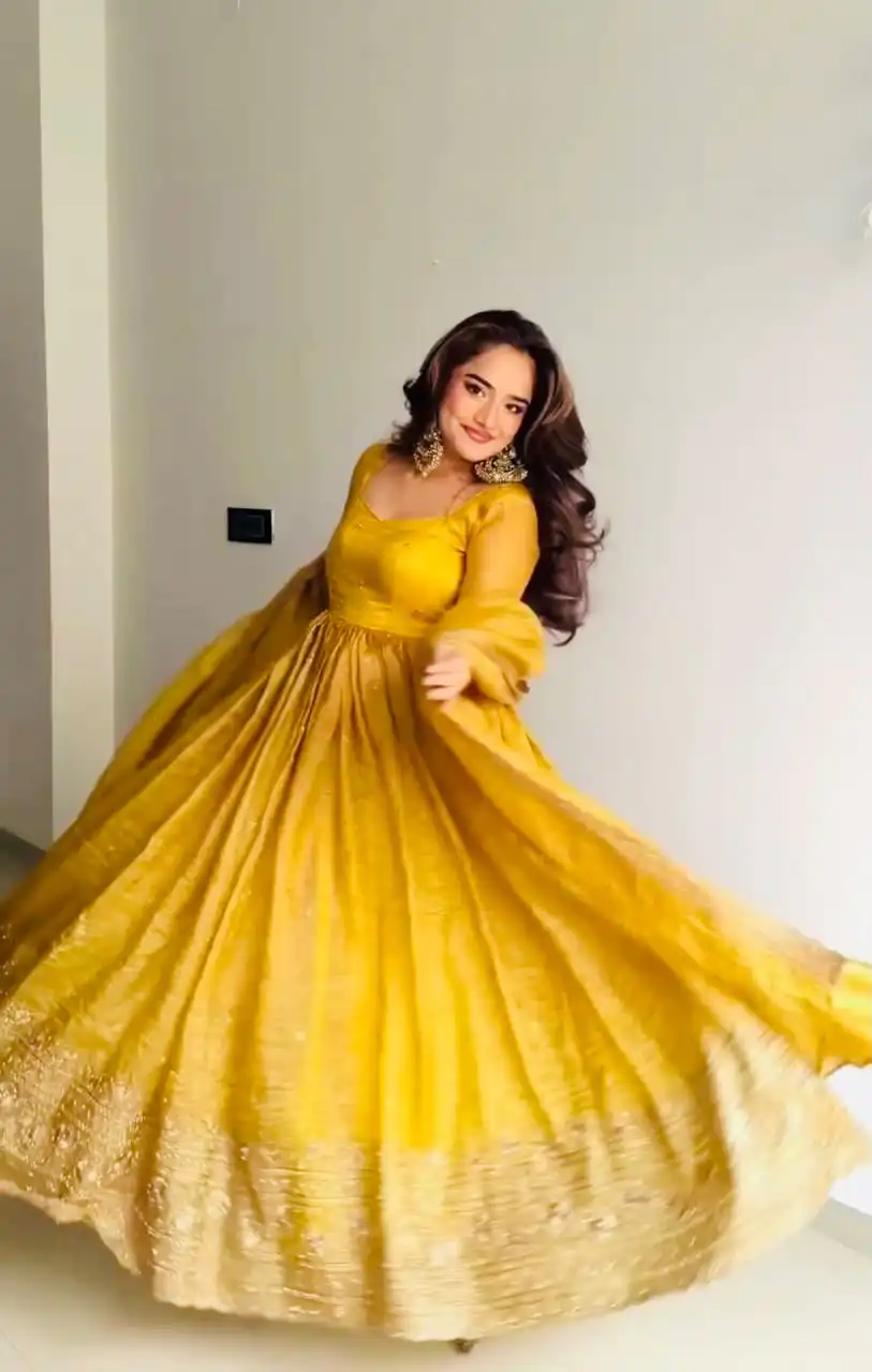 Shiny Yellow Gold Crush Embroidery Work Gown - Image 3