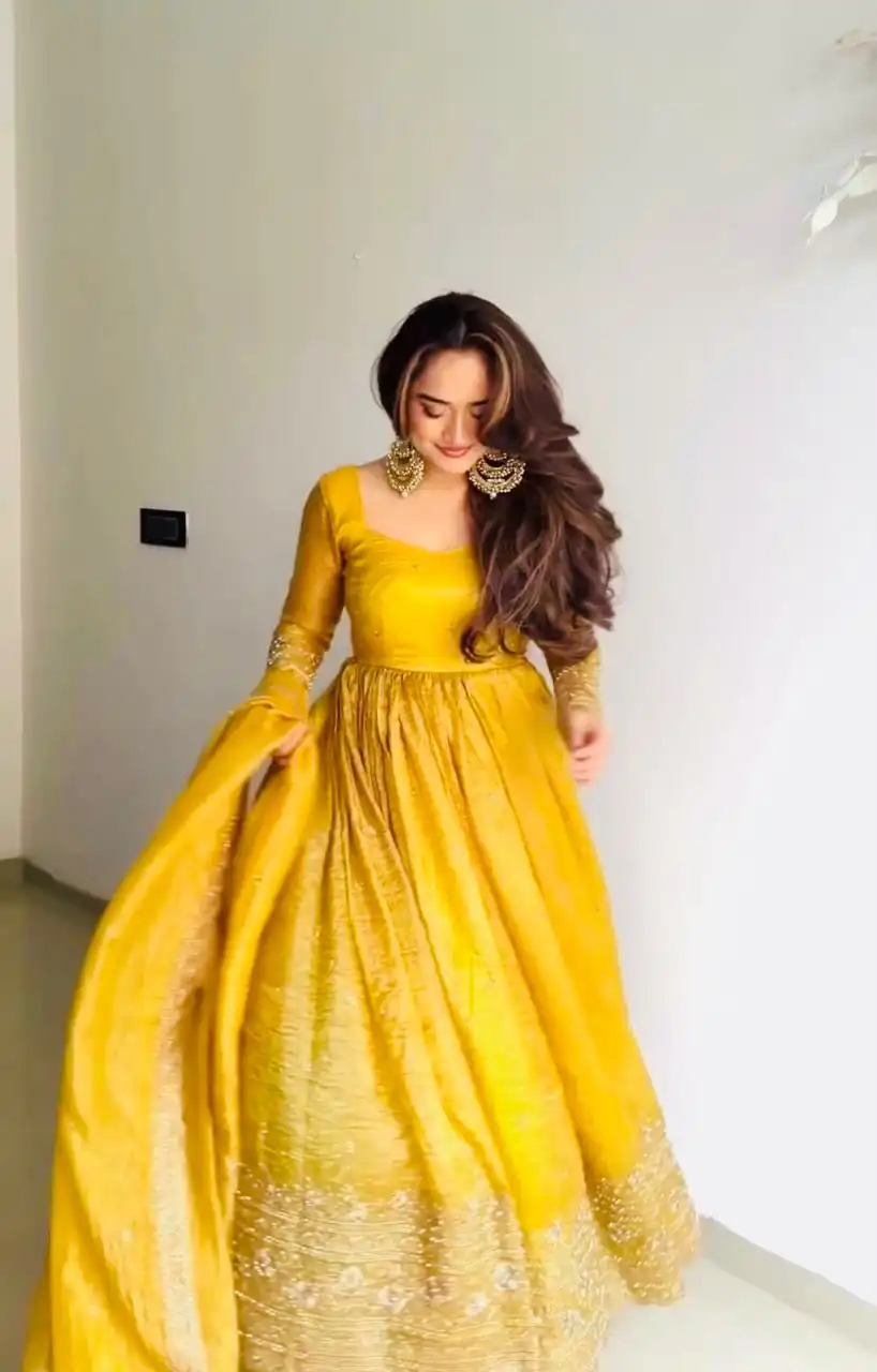 Shiny Yellow Gold Crush Embroidery Work Gown - Image 2