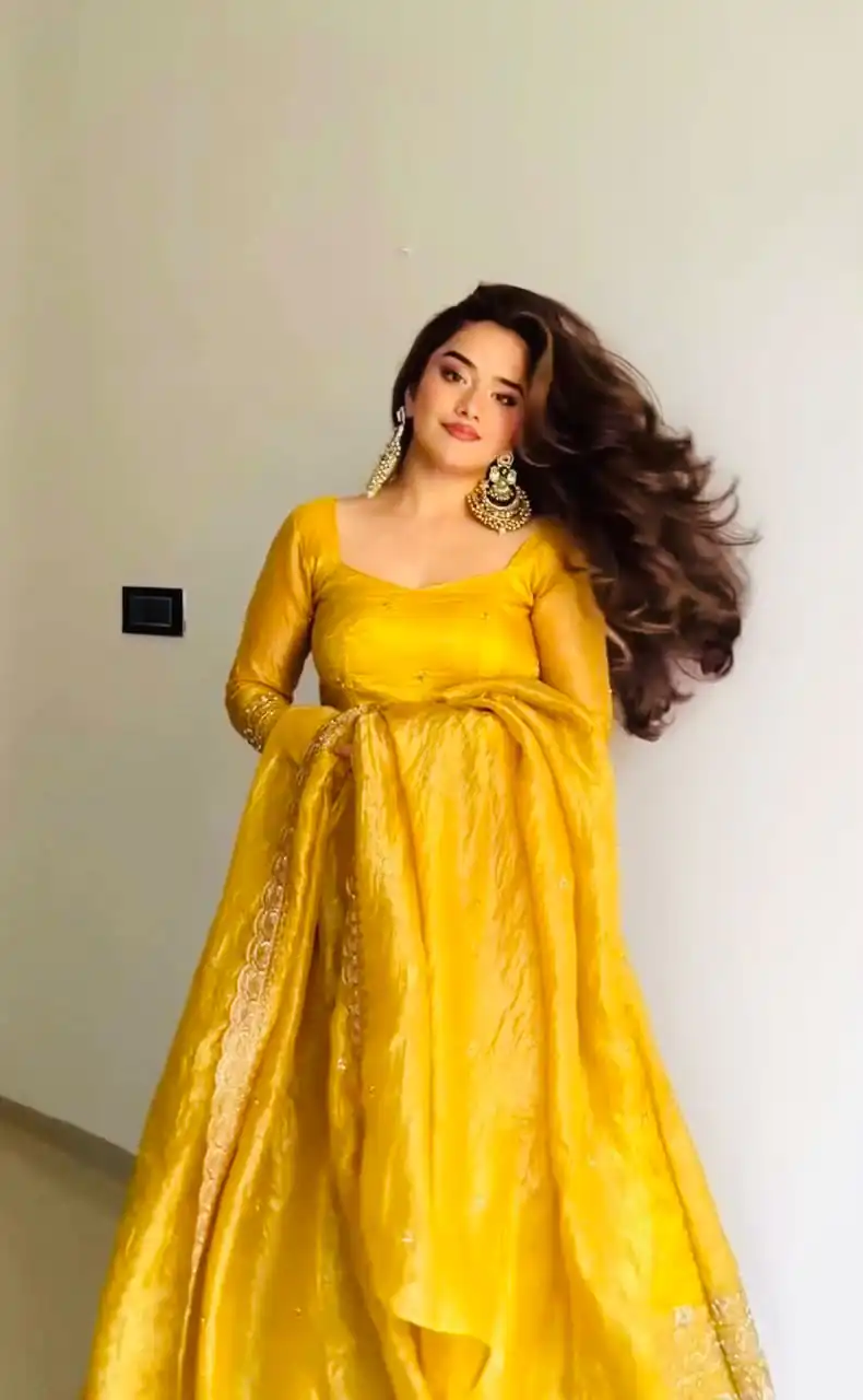 Shiny Yellow Gold Crush Embroidery Work Gown