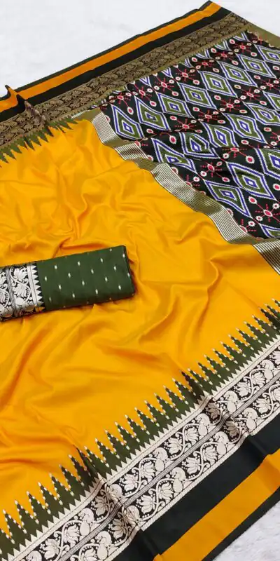 Alternative view of Shiny Yellow Soft Crafted Print Moti Zari Work Saree