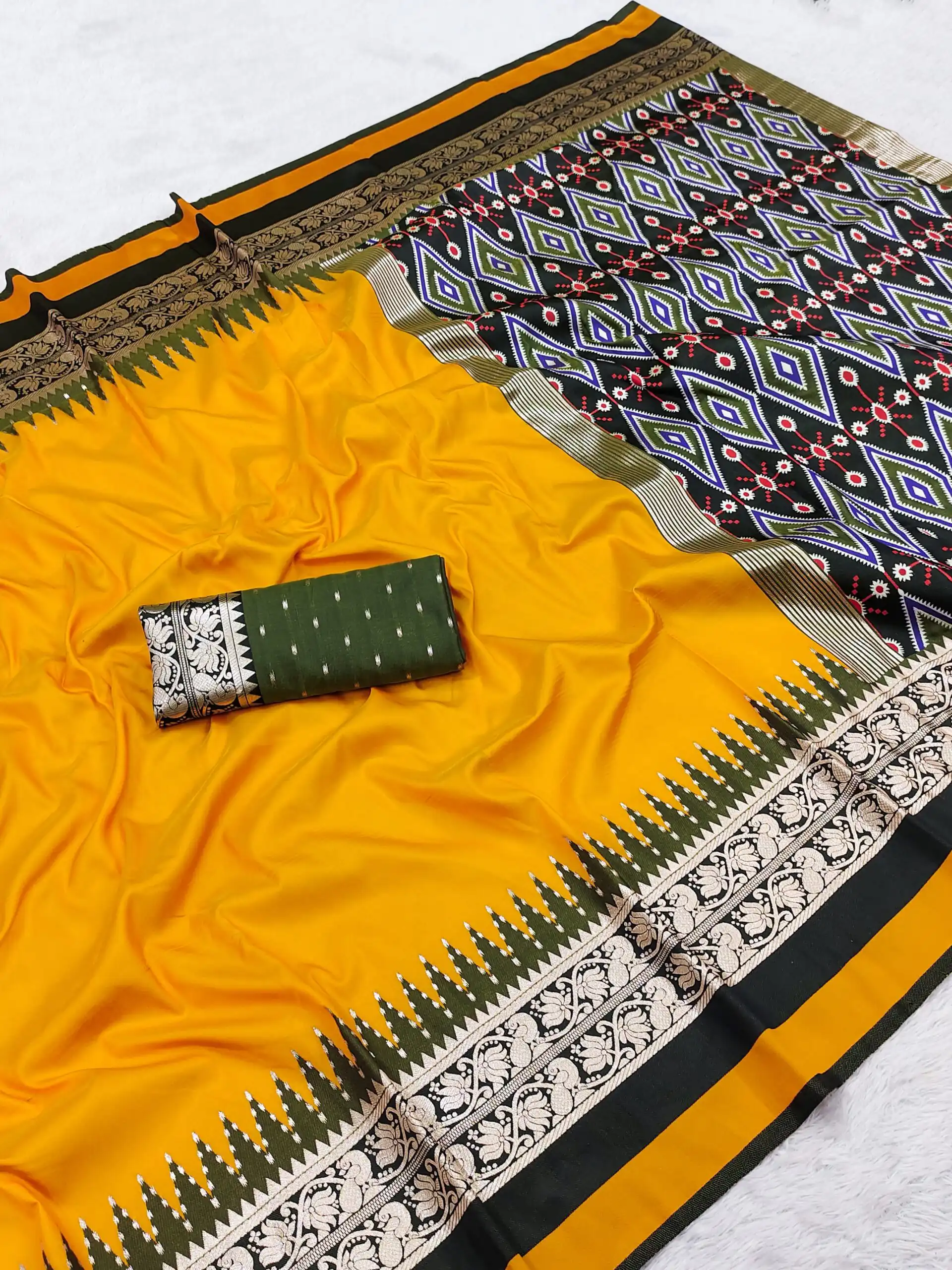 Shiny Yellow Soft Crafted Print Moti Zari Work Saree - Image 2