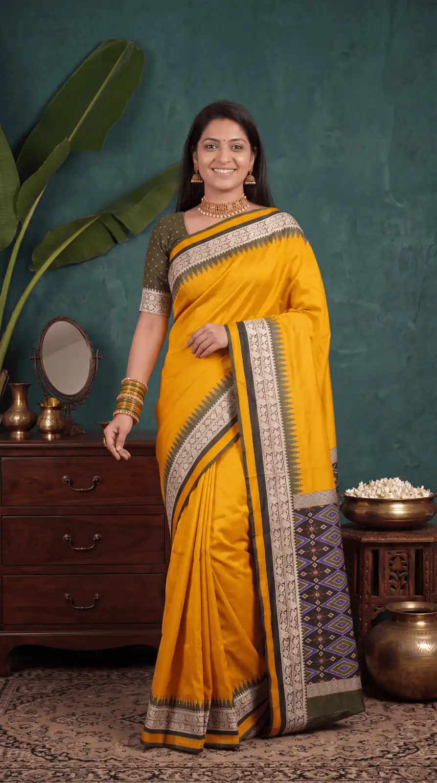 Shiny Yellow Soft Crafted Print Moti Zari Work Saree