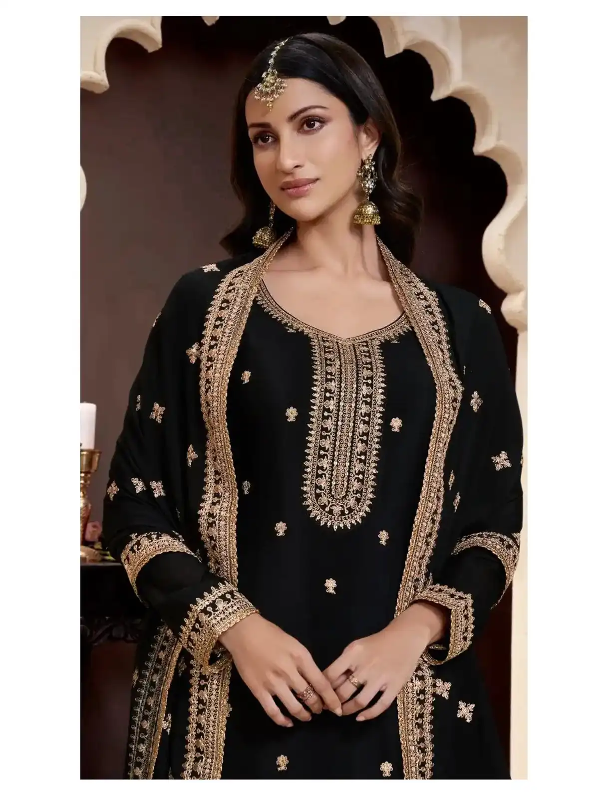 Solid Black Chinon Embroidery Work Salwar Suit - Image 2