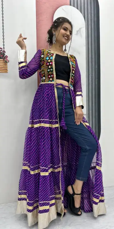 Alternative view of Solid Purple Fox Georgette Lace Mirror Work Kurti