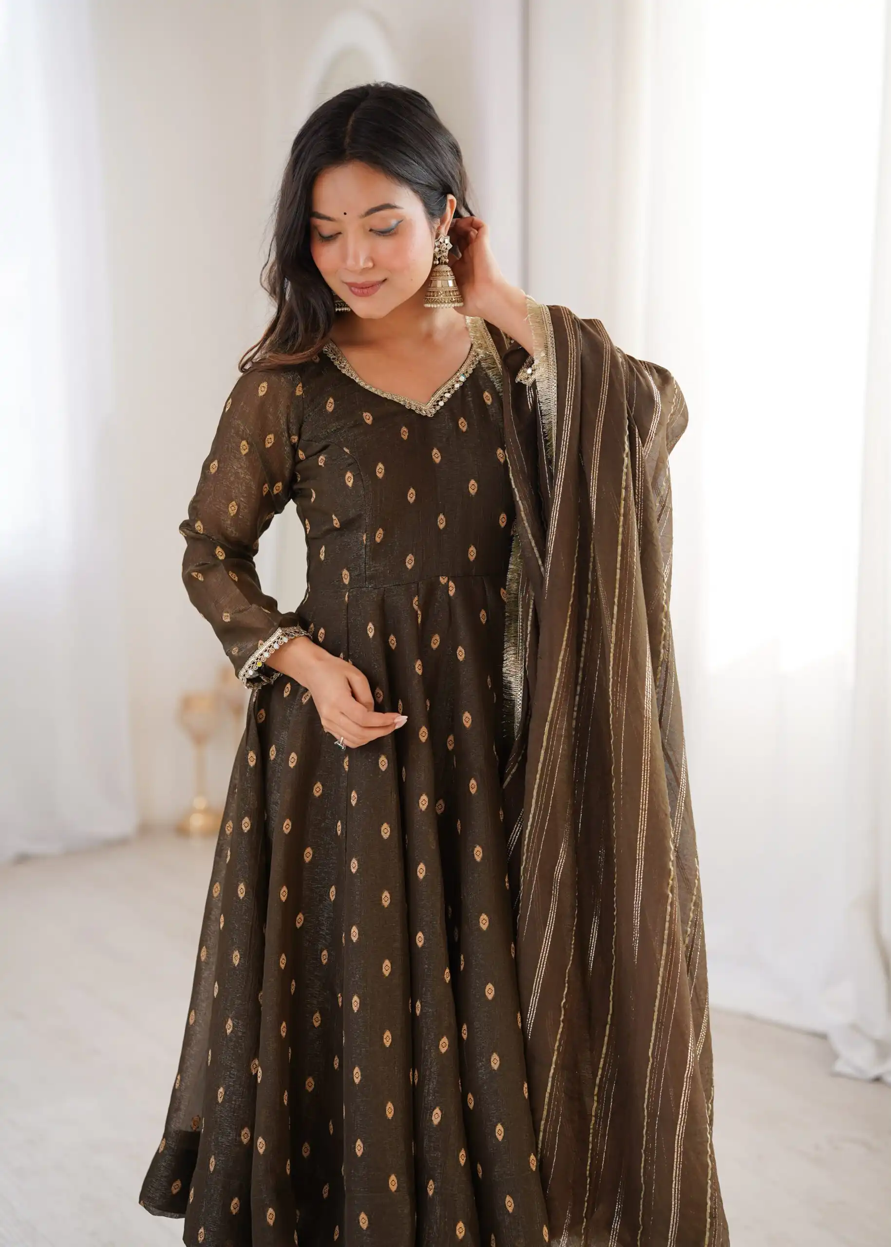 Stunning Brown Crunchy Silk Jacquard Work Gown