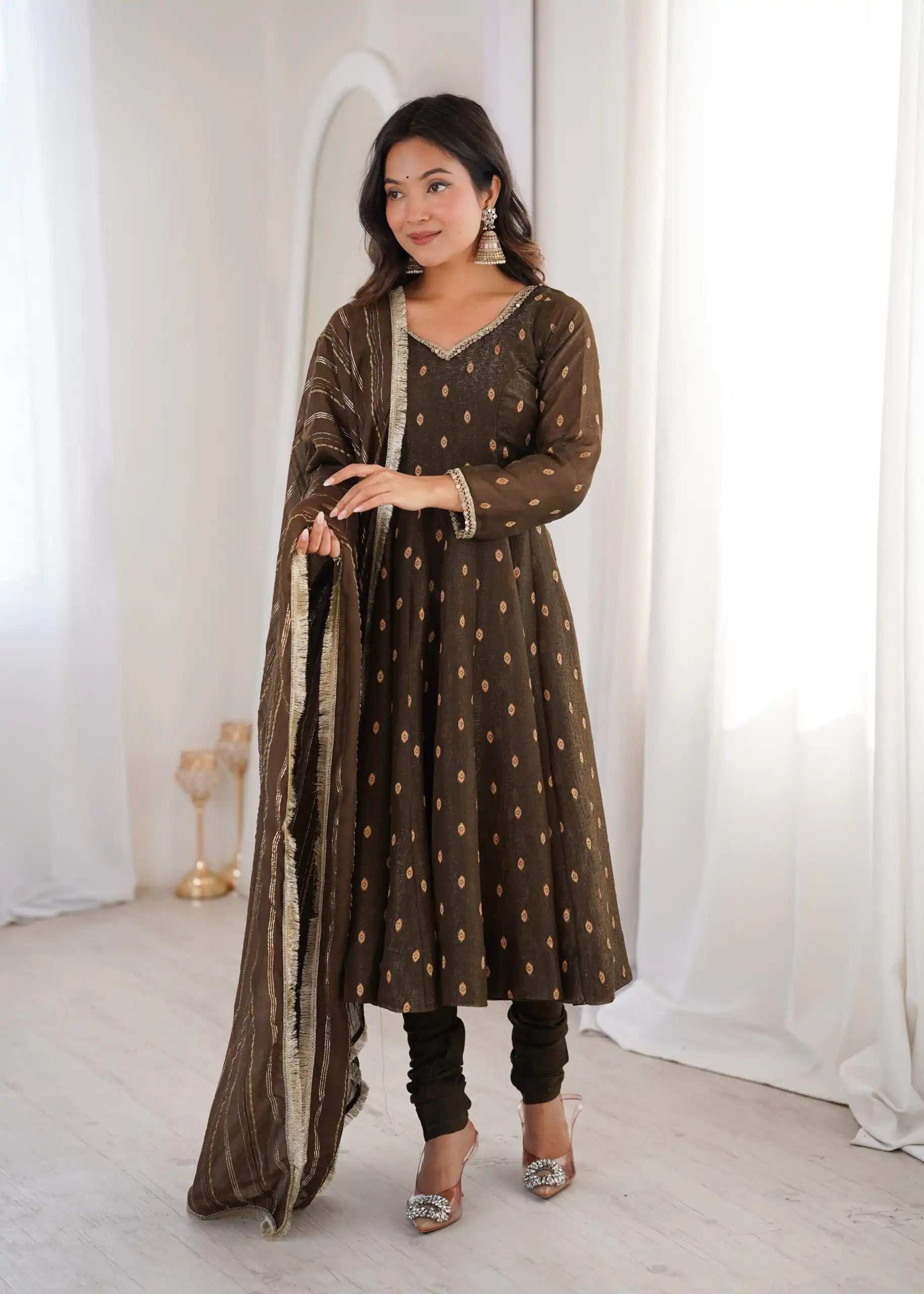 Stunning Brown Crunchy Silk Jacquard Work Gown - Image 8