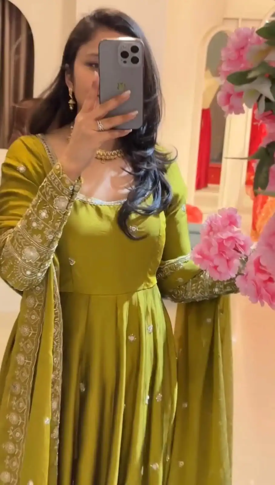 Stunning Lime Yellow Crunchy Silk Embroidery Work Gown - Image 5