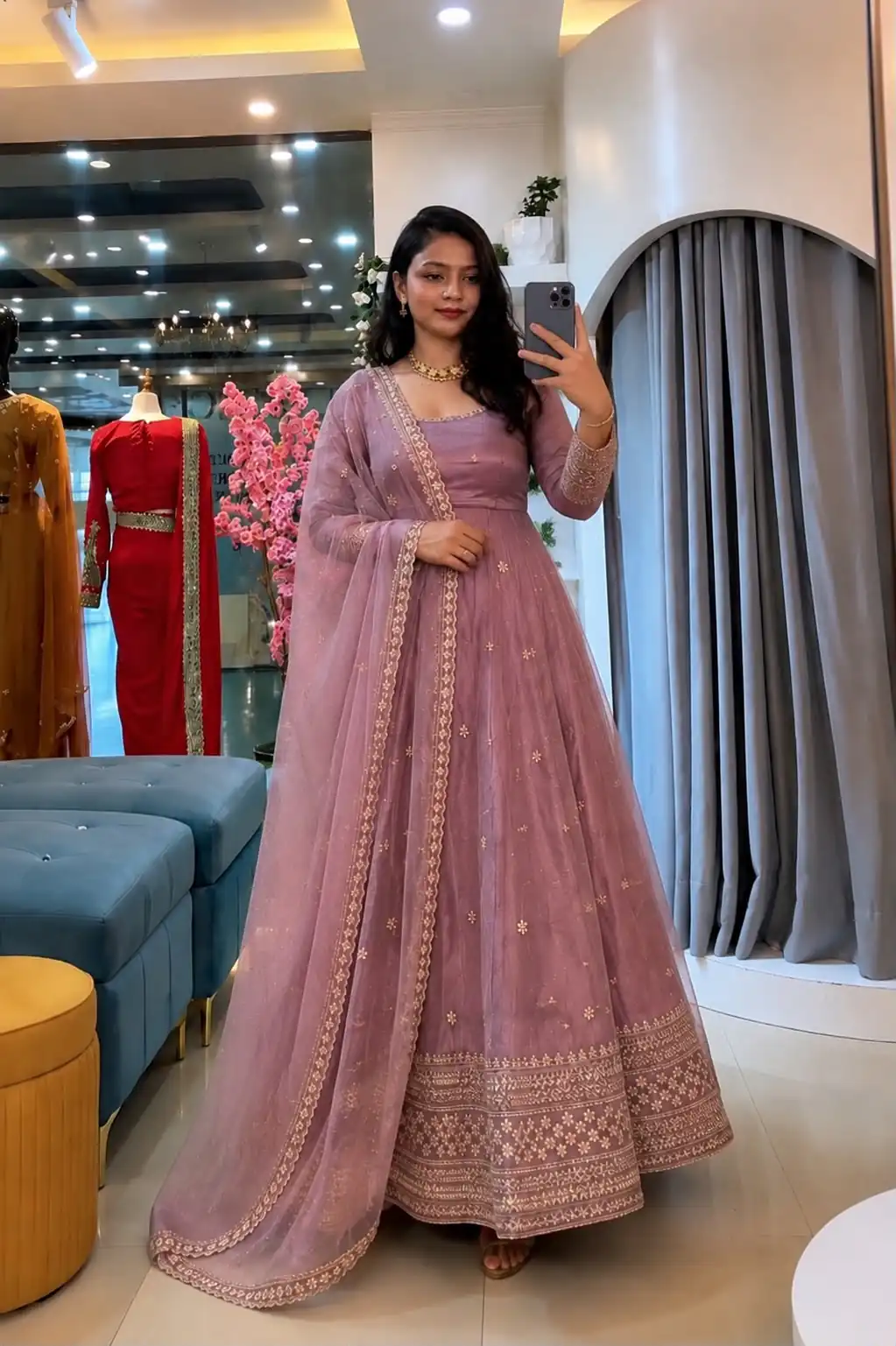 Stunning Pink Crunchy Silk Embroider Work Gown - Image 2