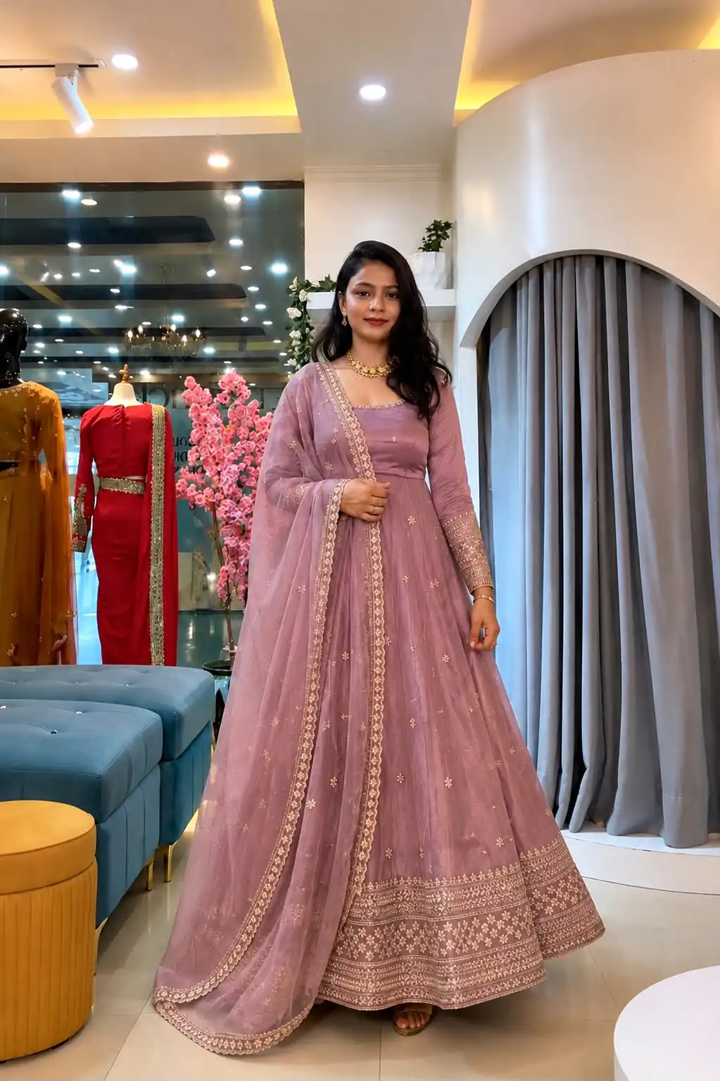 Stunning Pink Crunchy Silk Embroider Work Gown