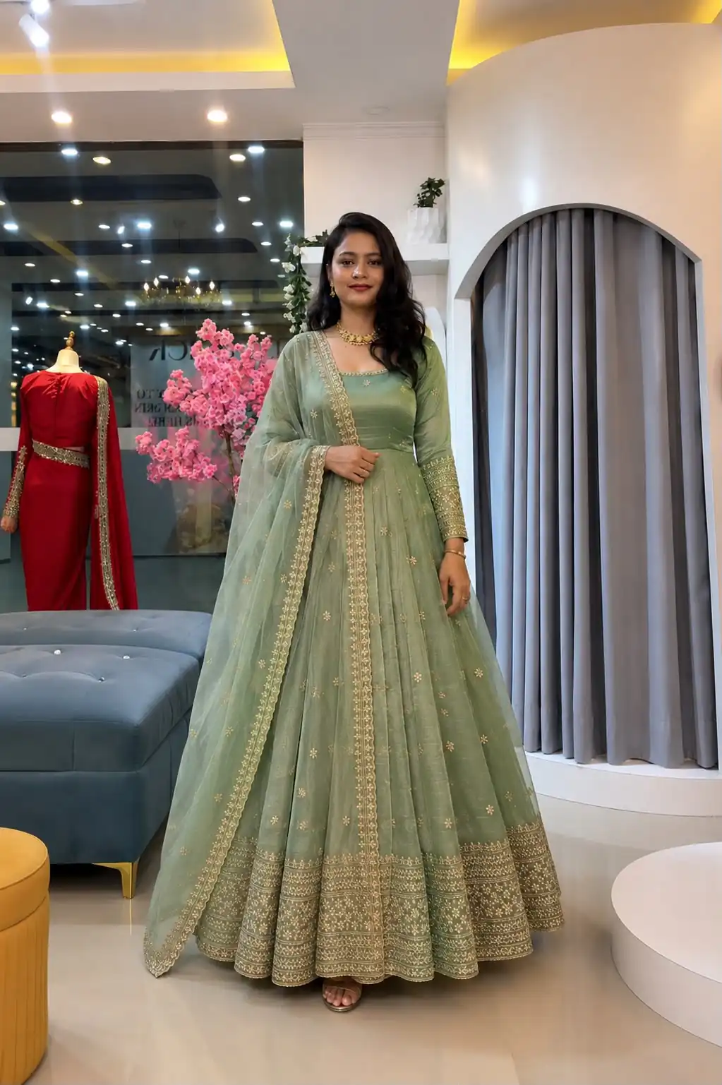 Stunning Pista Crunchy Silk Embroider Work Gown