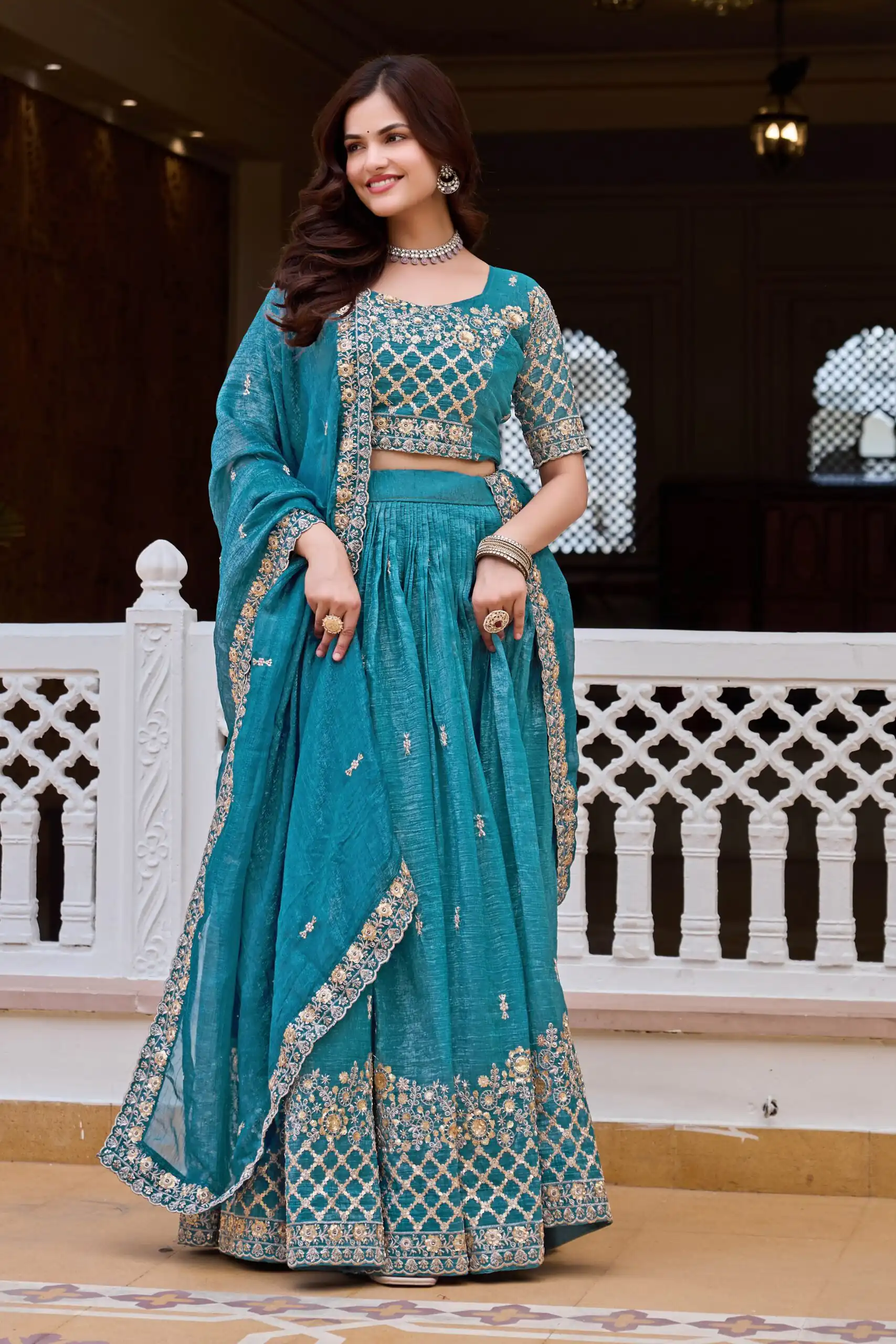 Stunning Teal Crunchy Embroidery Work Lehenga Choli - Image 7