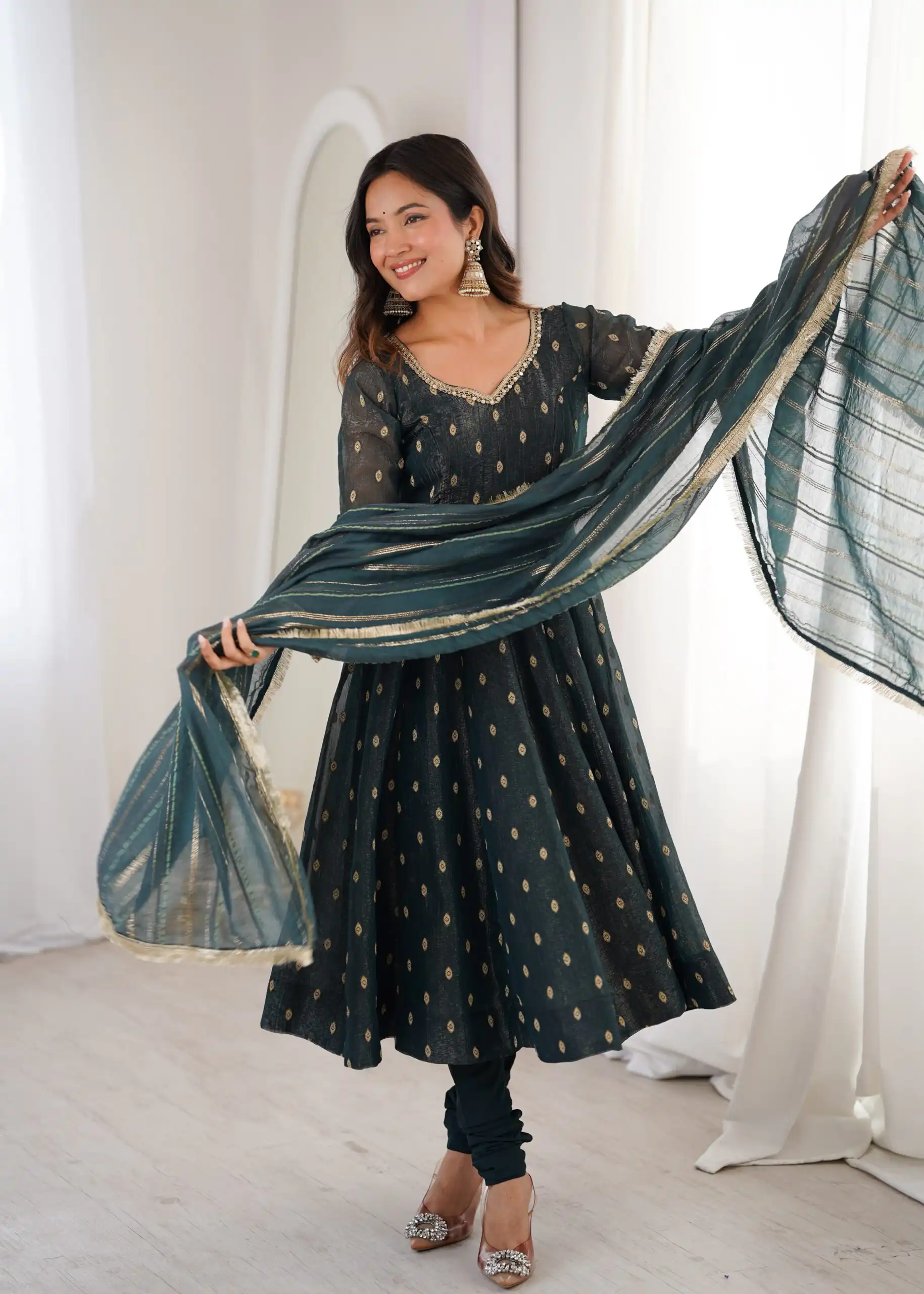 Stunning Teal Crunchy Silk Jacquard Work Gown - Image 6