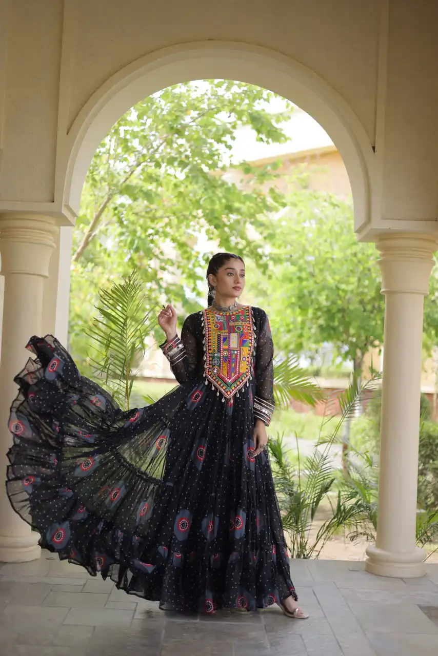 Stylist Black Faux Georgette Bandhani Print Work Gown - Image 3