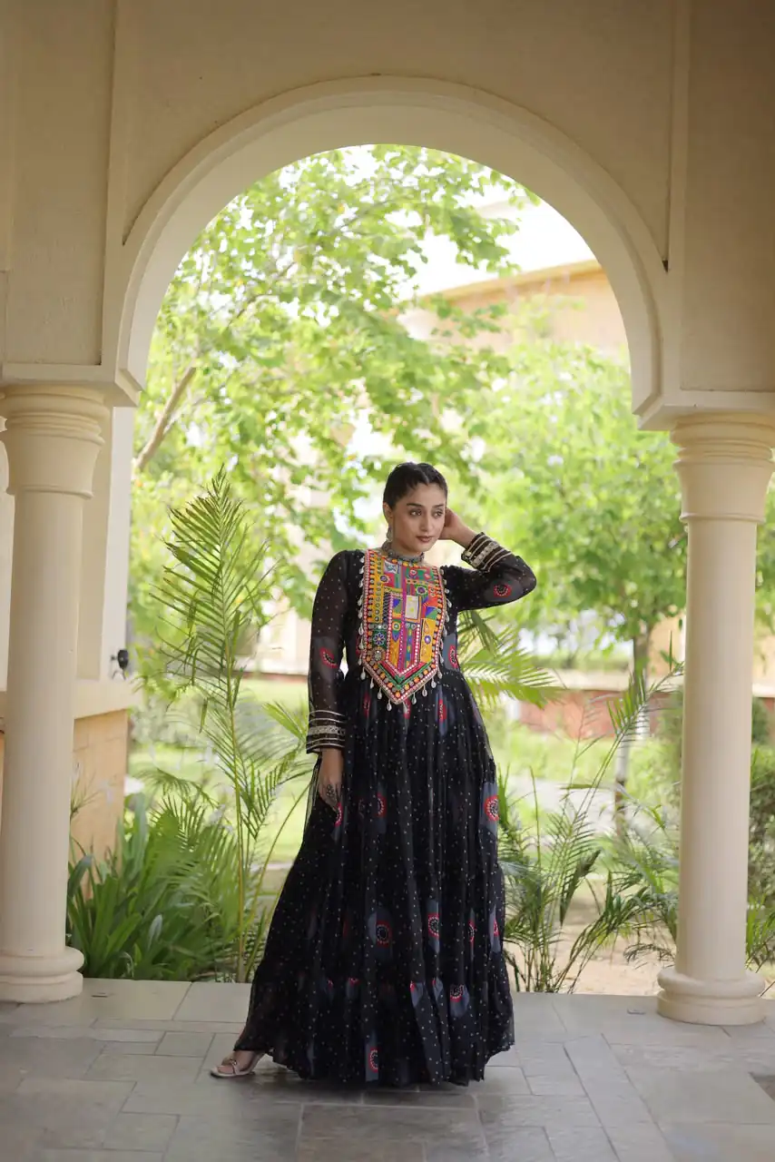 Stylist Black Faux Georgette Bandhani Print Work Gown - Image 2