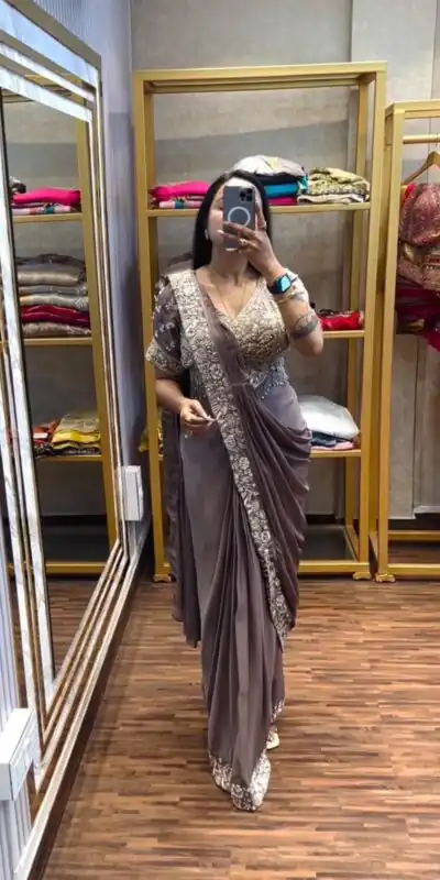 Alternative view of Stylist Dusty Rose Chinon Bead Embroidery Work Saree