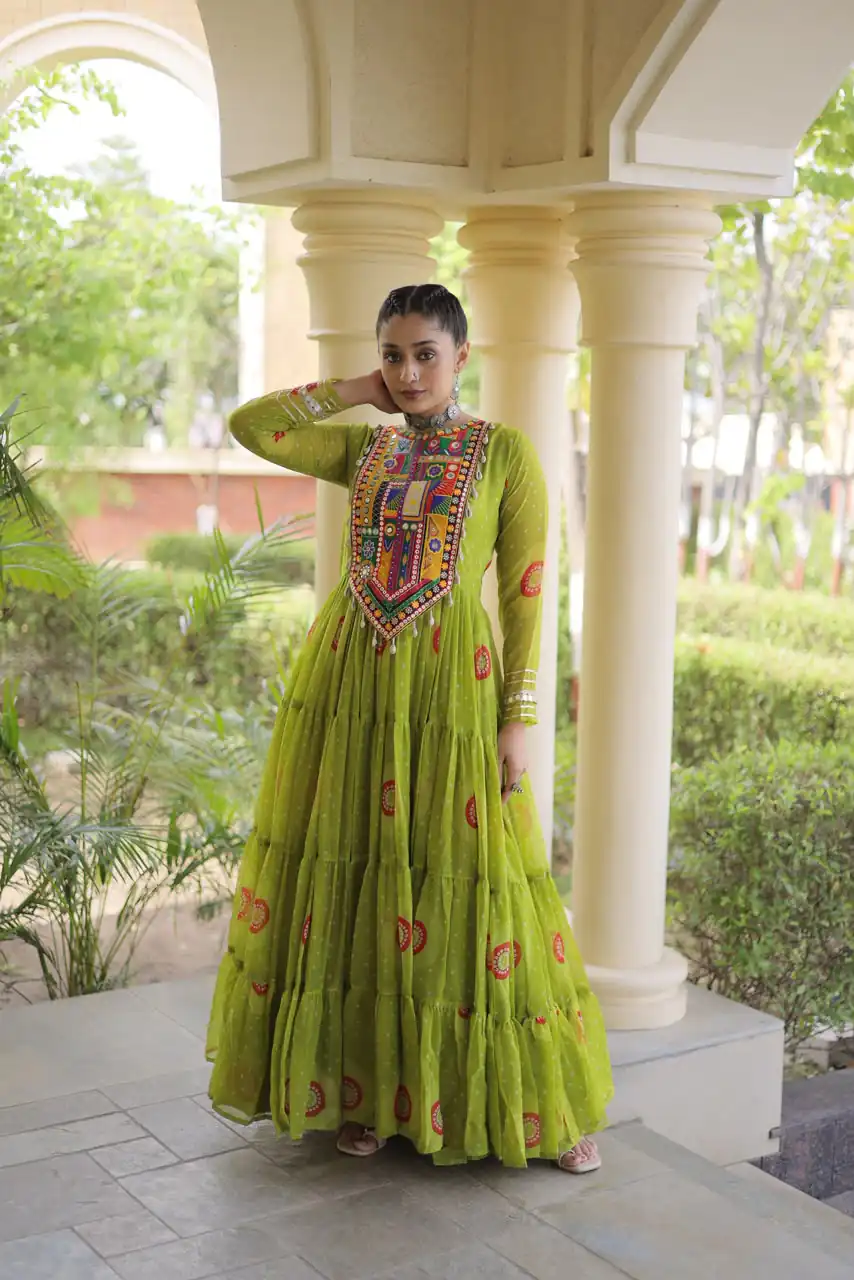 Stylist Green Faux Georgette Bandhani Print Work Gown - Image 3