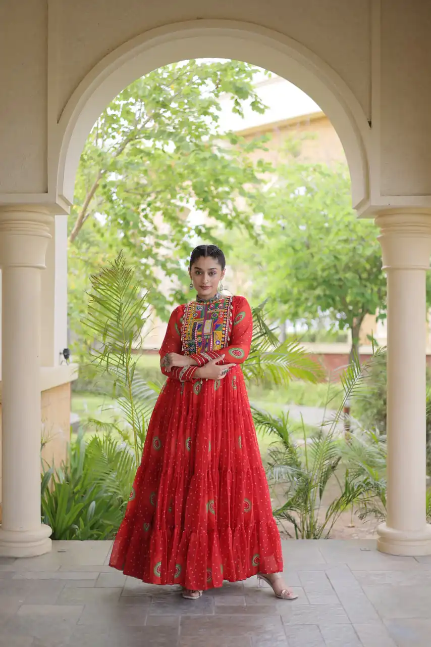 Stylist Red Faux Georgette Bandhani Print Work Gown - Image 3