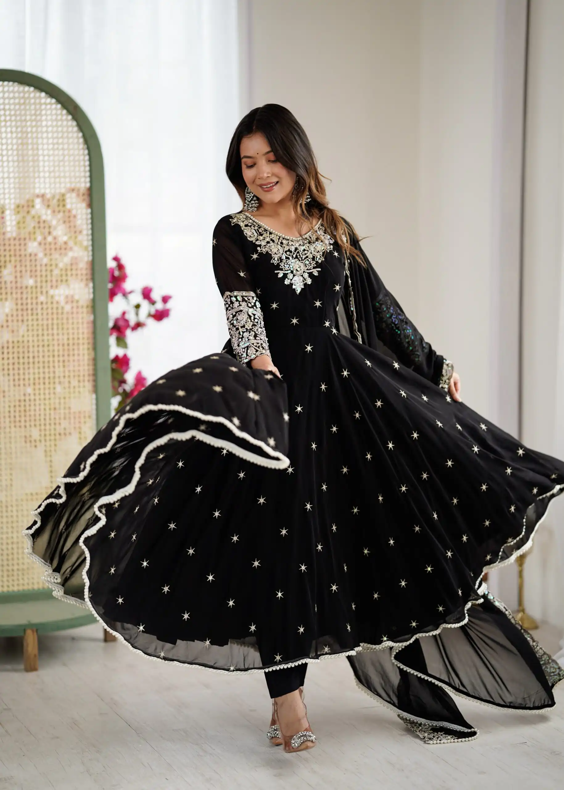 Super Black Blooming Faux Embroidery Work Gown - Image 3