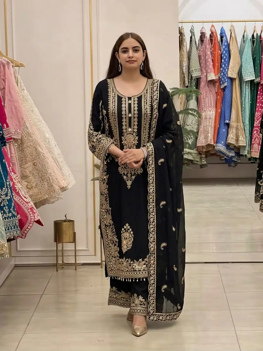 Super Black Faux Georgette Embroidery Work Salwar Suit - Image 6