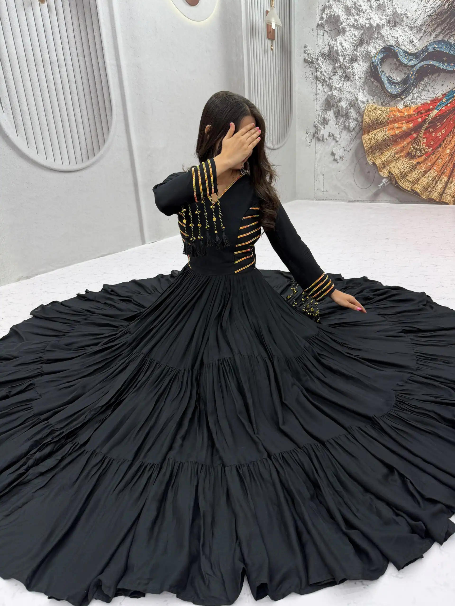 Super Black Pure Cotton Lace Work Gown - Image 9