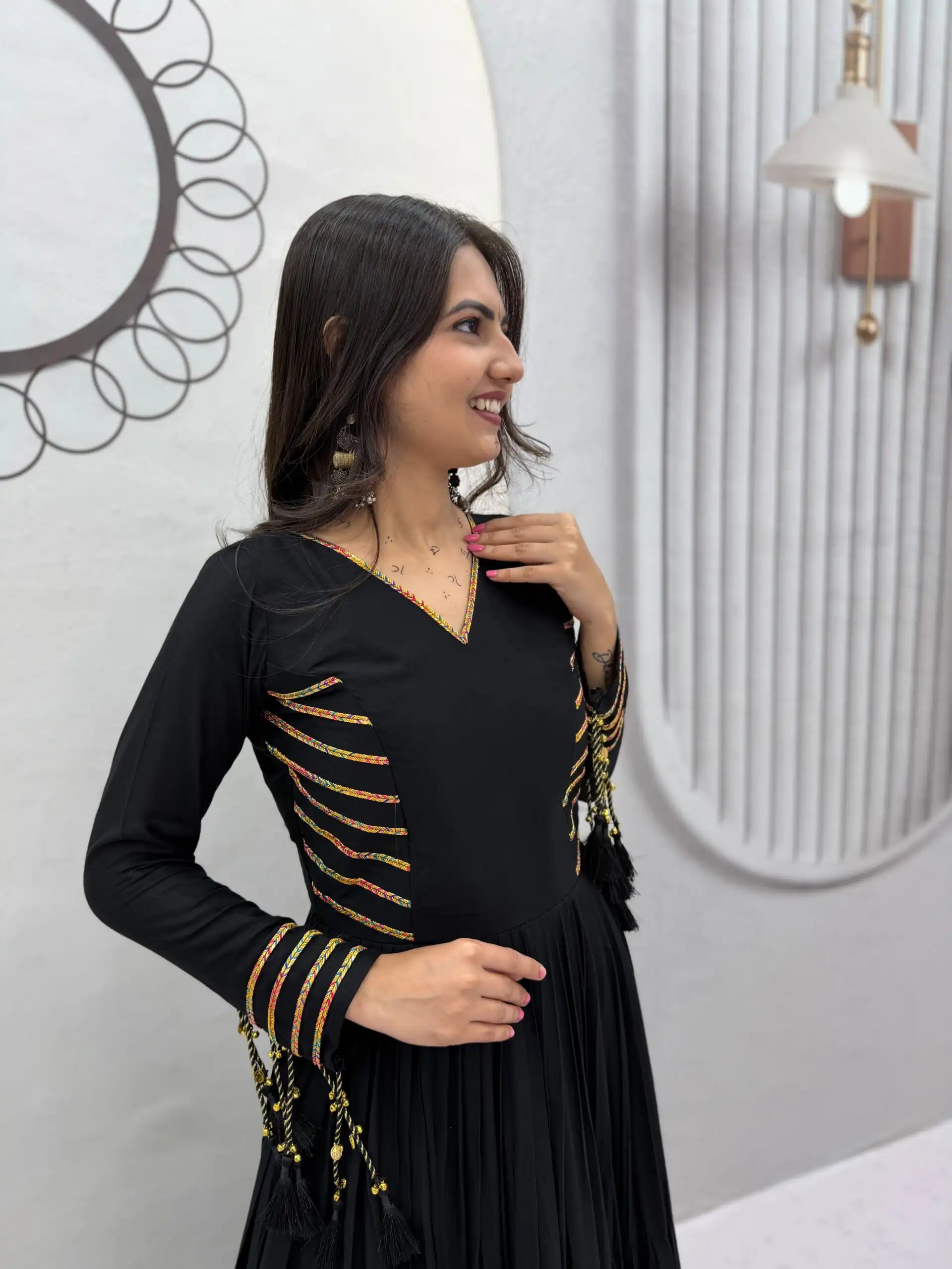 Super Black Pure Cotton Lace Work Gown - Image 7