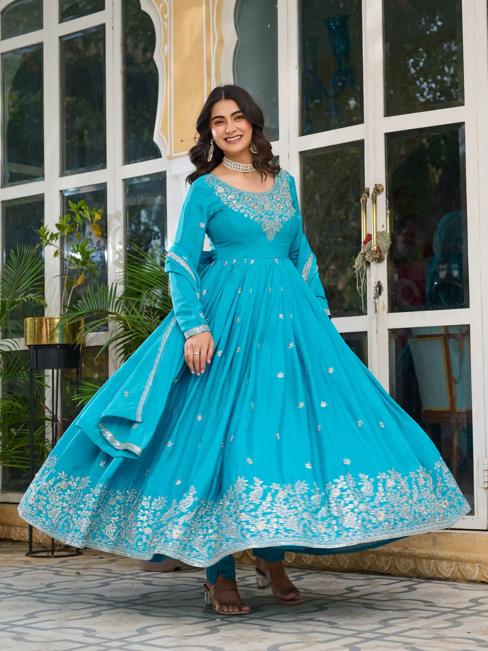 Super Blue American Silk Sequence Work Gown - Image 5