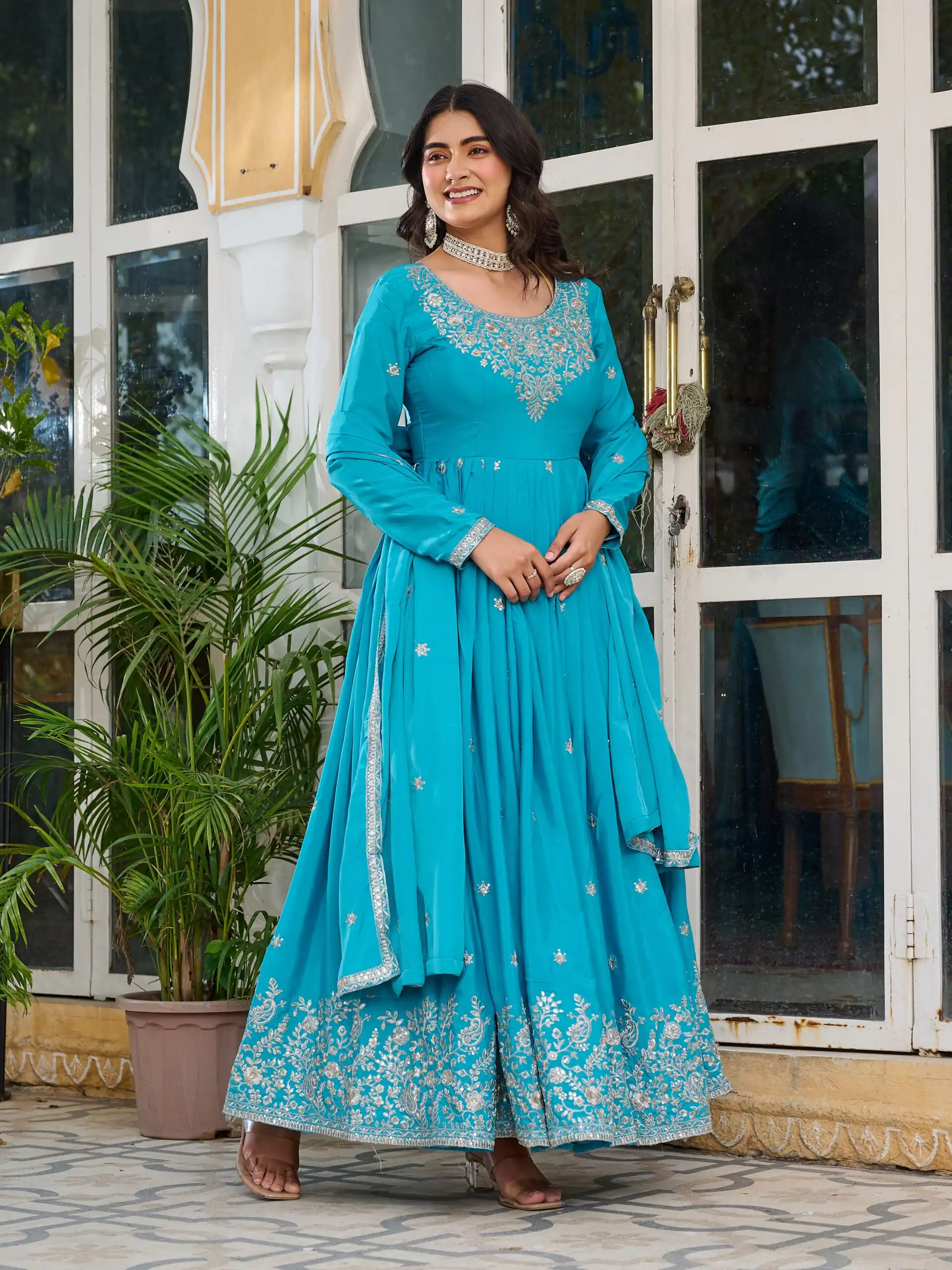 Super Blue American Silk Sequence Work Gown