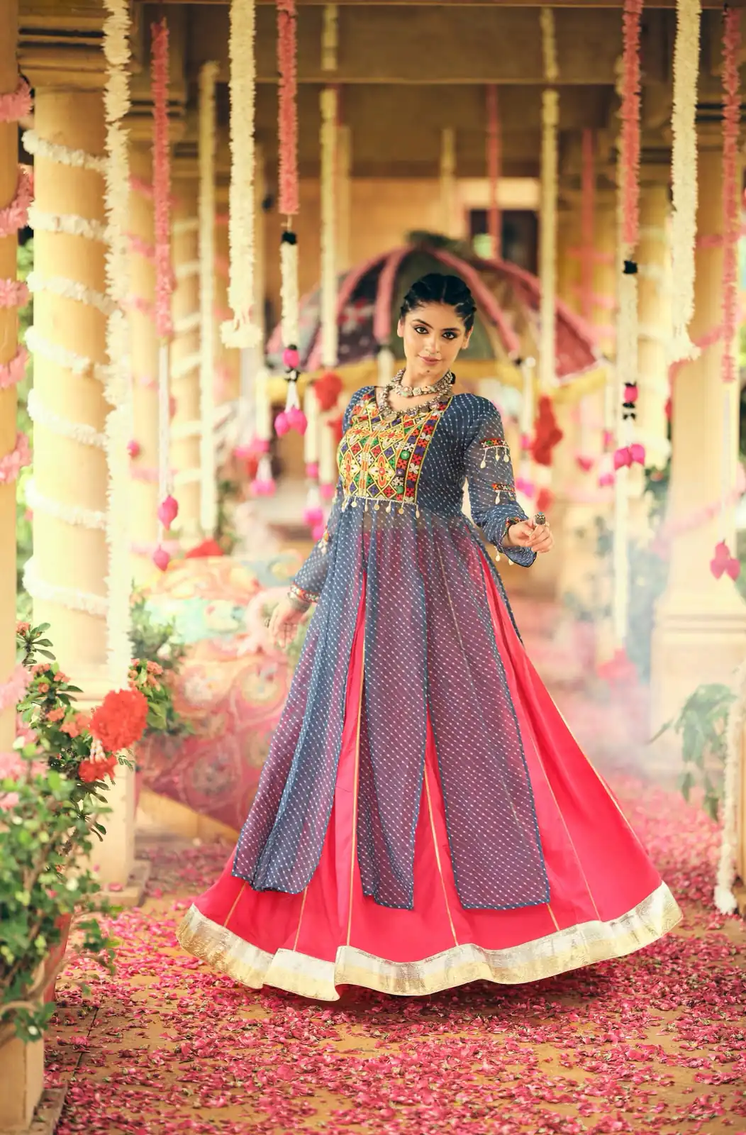 Super Blue Plain Rayon Embroider Cowrie Work Lehenga Choli - Image 2