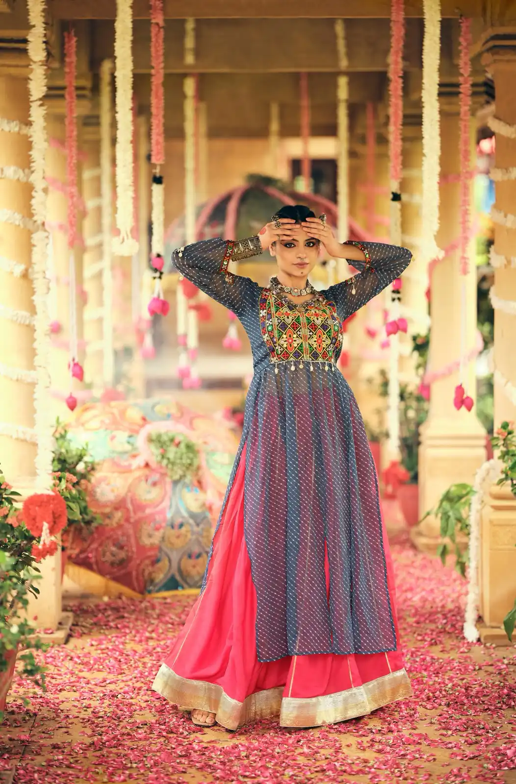 Super Blue Plain Rayon Embroider Cowrie Work Lehenga Choli