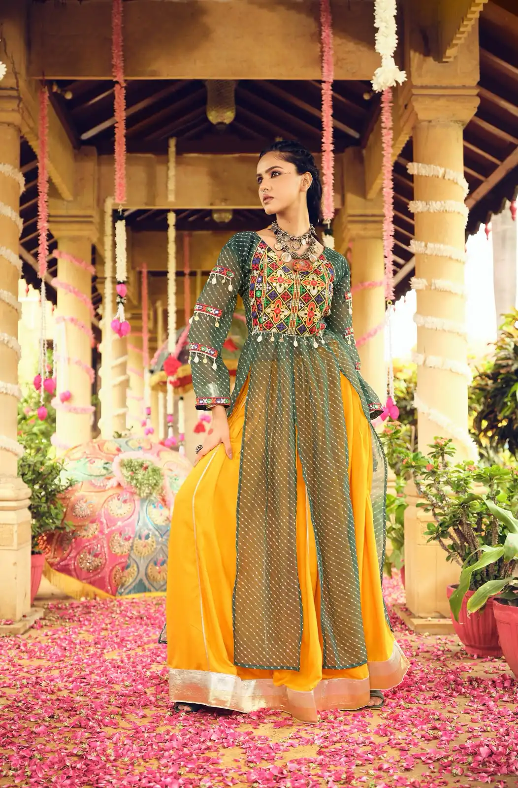 Super Green Plain Rayon Embroider Cowrie Work Lehenga Choli