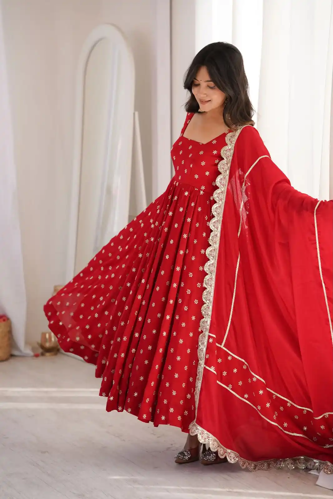 Super Red Chinon Silk Sequence Zari Work Salwar Suit - Image 6