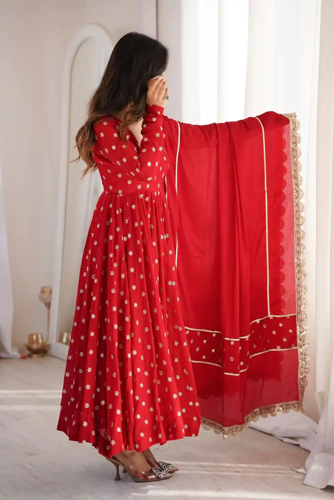 Super Red Chinon Silk Sequence Zari Work Salwar Suit - Image 5